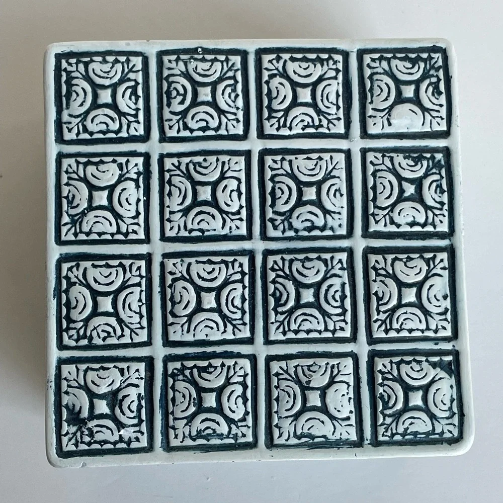 Danzine Jewelry Trinket Box Cobalt White Embossed Moroccan Design Hand Painted